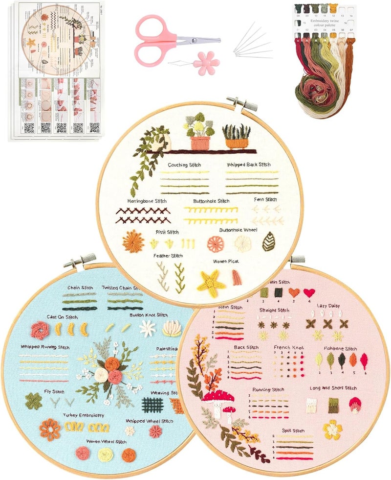 Santune 3 Sets Embroidery Kit for Beginners Adults,Learn Over 30 Different Stitches,DIY Cross Stitch Kits,Including Clear Instructions,Video Tutorials,Stamped Flower Patterns,Hoop,Color Threads,Tools - Image 1